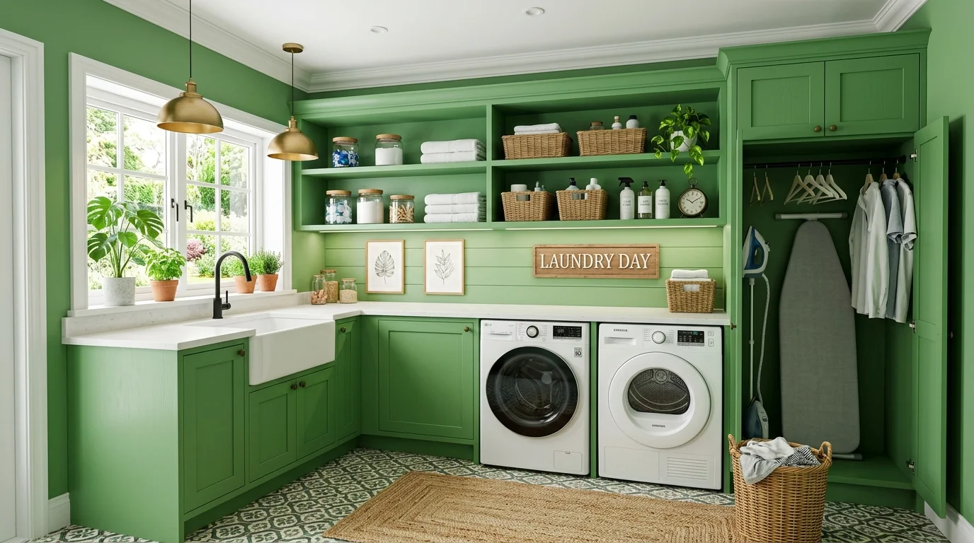 Fresh Green Laundry Room Ideas for a Vibrant Utility Space inspiration image 14